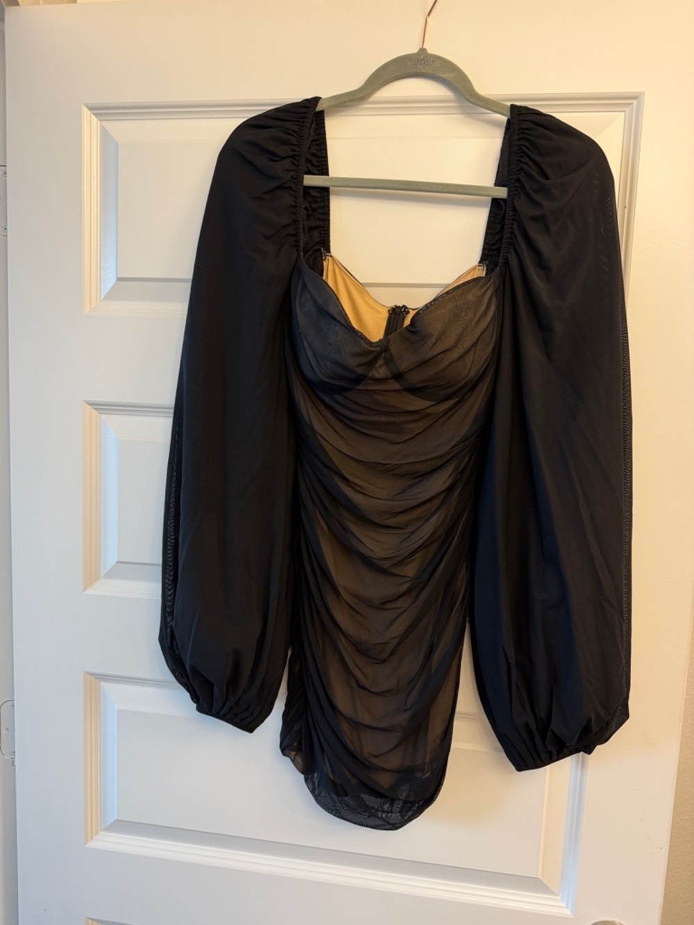 Oh Polly Black Ruched Mesh Puff-Sleeve Top with Nude Lining